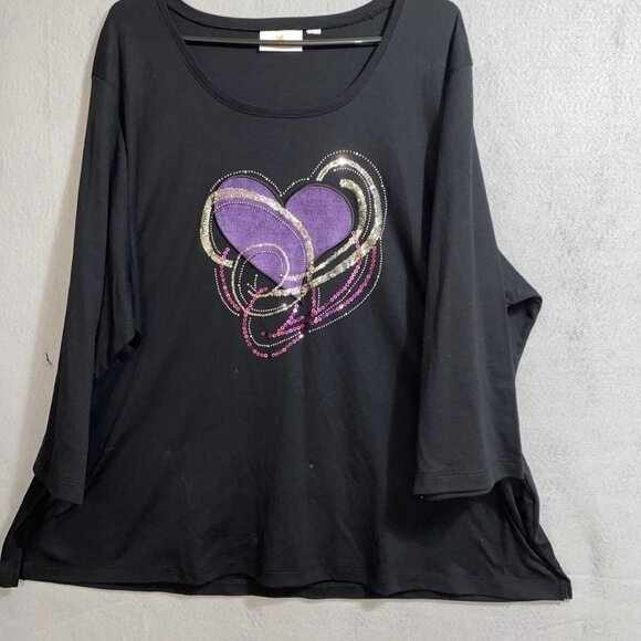Quacker Factory Sequin Velvet Heart Women's T-Shirt Knit Top Black Sz XL/ 1X - Picture 1 of 7